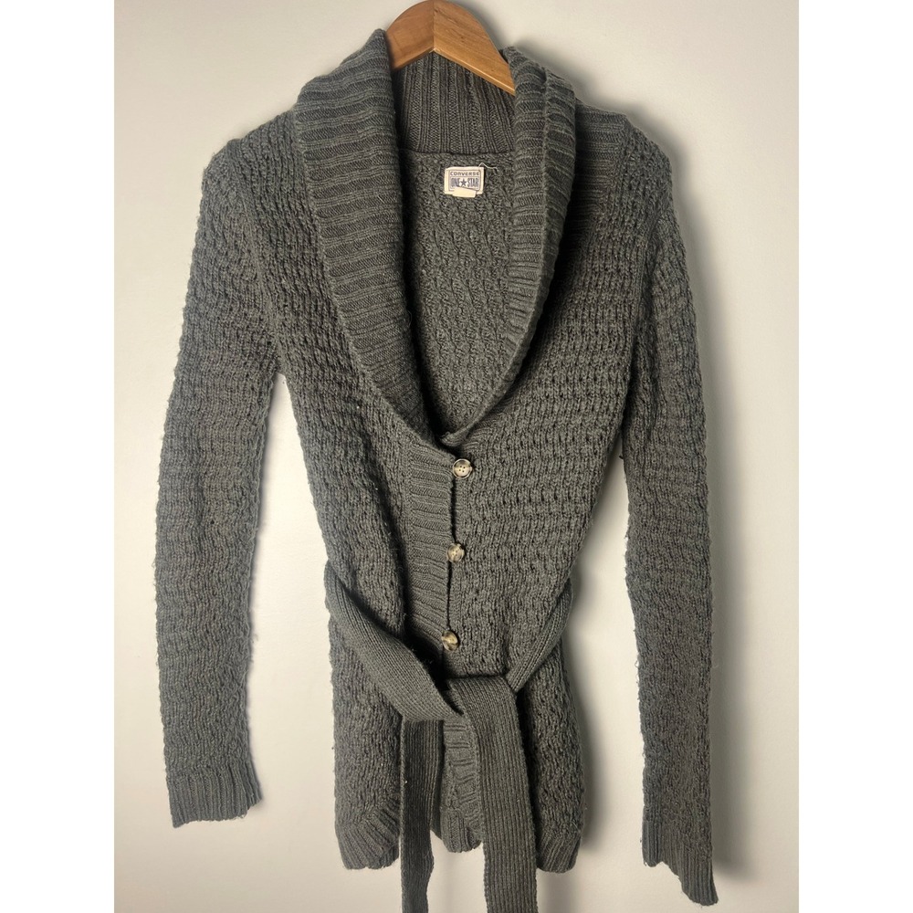 Converse Cardigan Wm S Gray Shawl Collar Belted Wool Blend Knit Sweater Y2K 00s